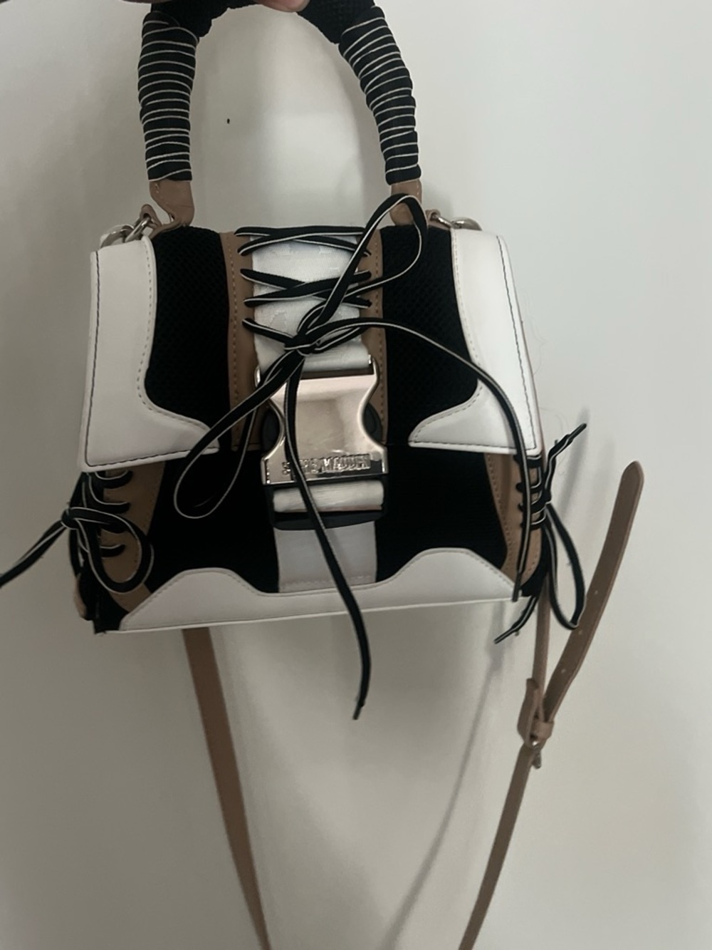 Steve Madden White, Black & Tan Lace-Up Top Handle Crossbody